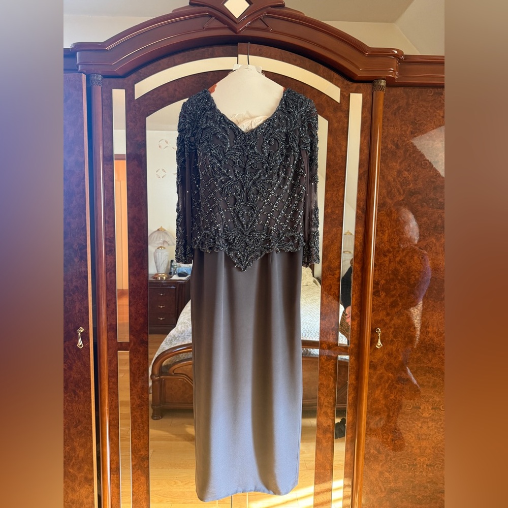 Charcoal Gray Beaded Lace Formal Dress.